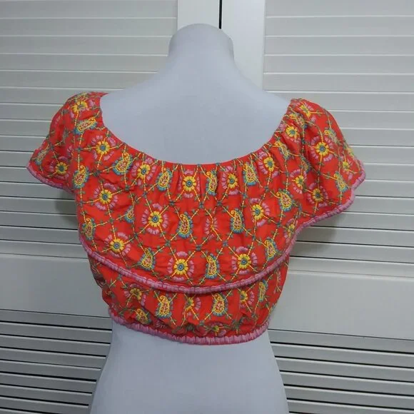 Topshop Cropped Peasant Top Fully Embroidered Orange Floral Womens 6 NEW - Picture 7 of 8